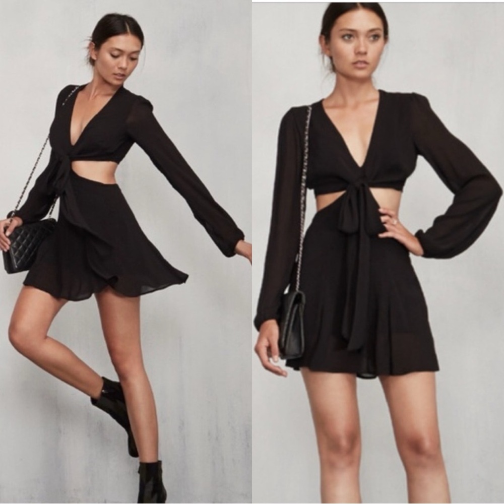 REFORMATION Robinson Long Sleeve Tie Front Black Cut Out Dress
